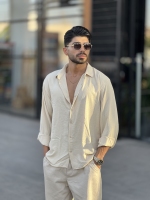 پیراهن لینن ابروبادی آستین بلند Yep کرمی