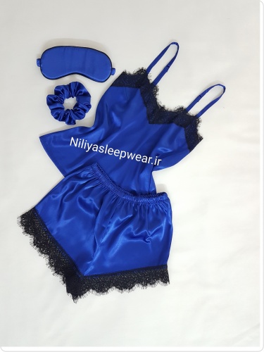 تاپ و شلوارک آبی کاربنی با تور مژه