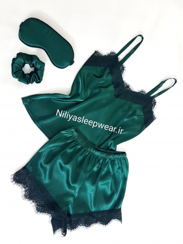 تاپ و شلوارک سبز یشمی با تور مژه