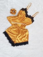 تاپ و شلوارک زرد خردلی با تور مژه