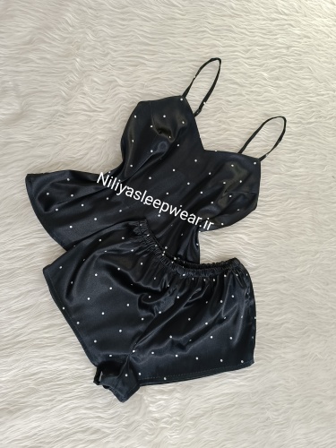 تاپ و شلوارک طرحدار مشکی خال خالی