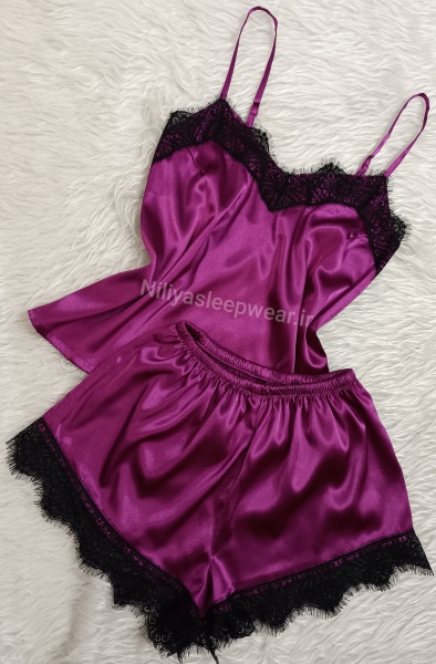 تاپ شلوارک بنفش ارغوانی با تور مژه