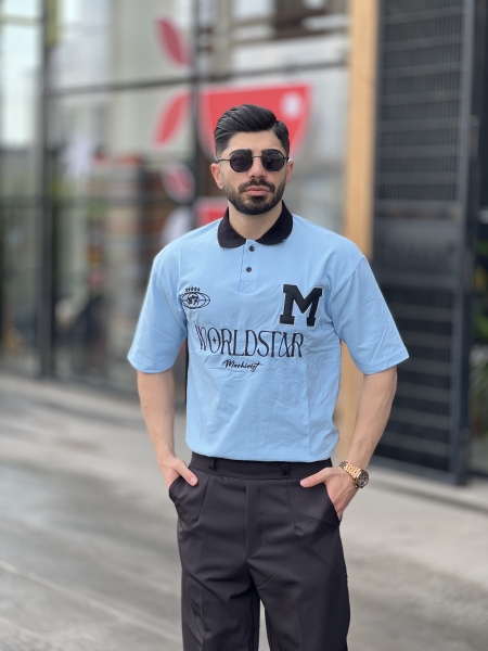 تیشرت ماکان یقه دار Worldstar آبی آسمانی