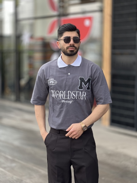 تیشرت ماکان یقه دار Worldstar طوسی